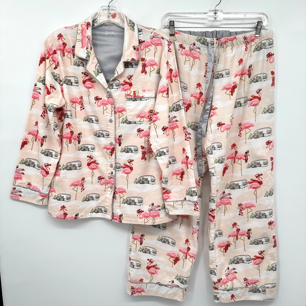 Nick & Nora Pajamas Large Flannel Flamingo Airstream Camper‎ Set Altered Waist